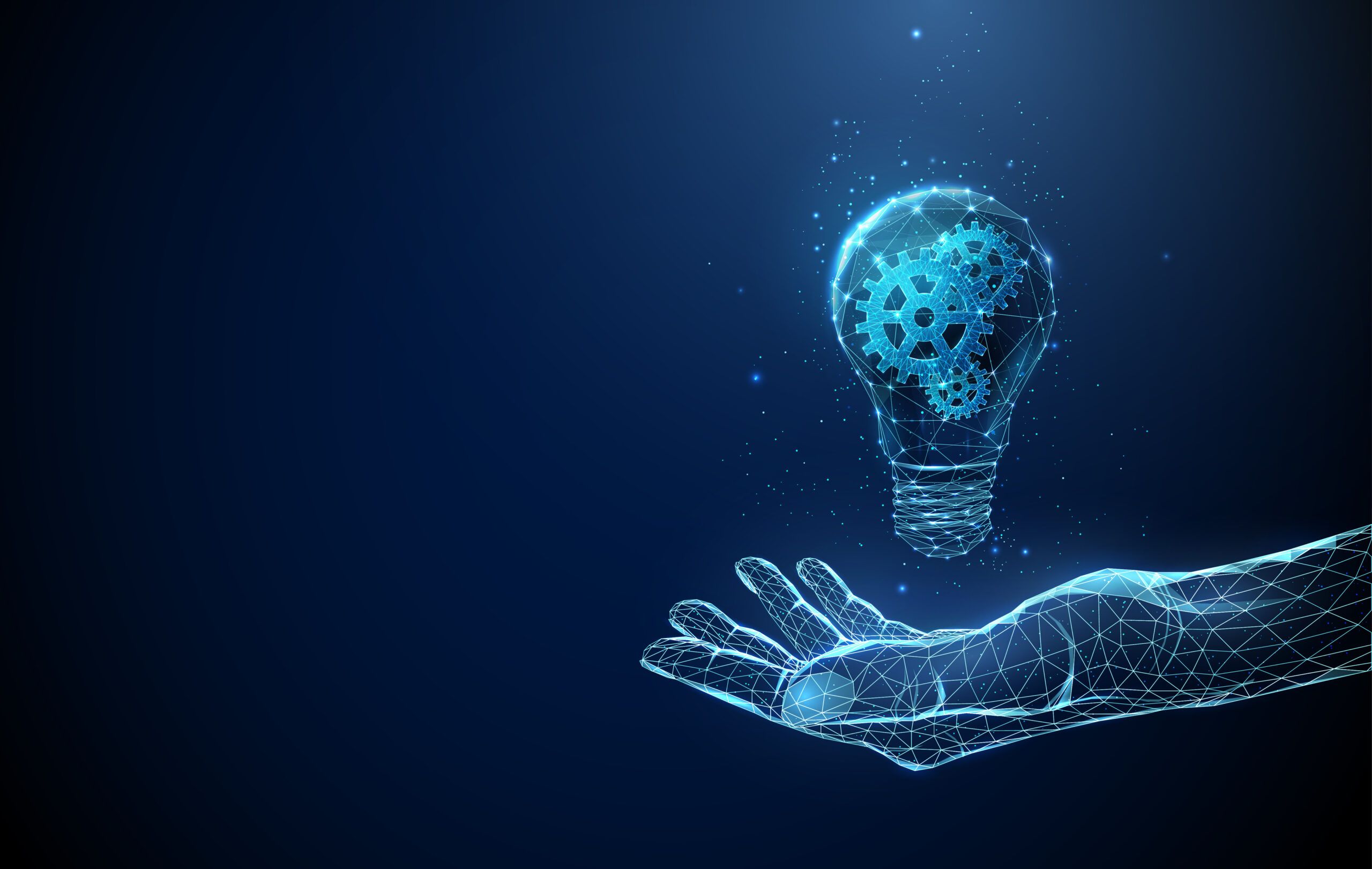 Abstract Hand Holding Light Bulb With Cog Wheels Inside. Low Poly Style. Ai Solution Concept.